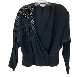 NWOT VANNA Top 12 Vintage Silk Beaded Sequin Wrap Black 3 Button Long Sleeve